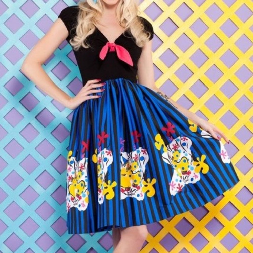 Black & Blue Floral Stripe Fit-and-Flare Dress with Pink Bow